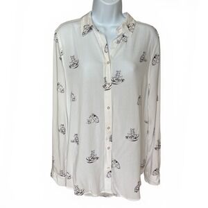 Cat Teacup Novelty Print Hi Low Ivory Blouse Top Medium